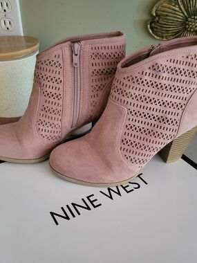 Nine West Pink Suede Laser-Cut Ankle Booties